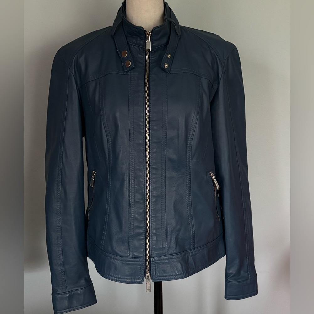 Women's Dark Navy Leather Zip-Front Jacket